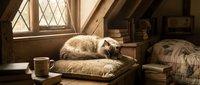 Fluffy cat sleeping on cushion in rustic attic room with vintage window, wooden beams, and cozy interior design elements for home decor projects.