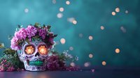 Decorative sugar skull with glowing eyes adorned by pink flowers on turquoise background with bokeh lights, Day of the Dead celebration concept.