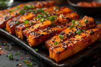 Glazed salmon fillets with black sesame seeds and chopped green onions served on dark plate, perfect for Asian fusion restaurant menu or healthy cooking blog.