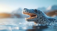 Fierce crocodile head emerging from water surface with open jaws showing sharp teeth against blurred background. Dynamic wildlife shot with water droplets and dramatic lighting.