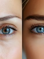 Contrasting close-up of blue eyes showing skin tone diversity, with detailed view of eyelashes, iris patterns and natural eye makeup. Perfect for beauty campaigns.