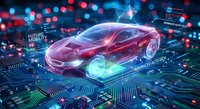 Red sports car with holographic digital interface and futuristic HUD elements on circuit board background for automotive technology concepts.
