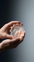 Hands holding glowing transparent gear with arrow symbol, representing change readiness, business transformation, and digital innovation concepts.