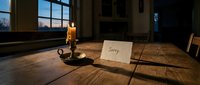 Candlelit wooden table at dusk with a handwritten sorry note, evoking apology, forgiveness, and emotional connection in a rustic interior.