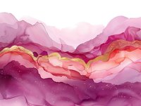 Abstract pink and purple watercolor landscape with gold accents, flowing organic shapes creating dreamy mountain-like formations for wall art or textile design.
