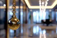Shiny golden sphere pendant hanging in luxury hotel lobby with blurred elegant interior, crystal chandelier and reflective marble floor in background.