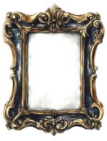Ornate baroque frame in navy blue and gold with elaborate scrollwork and flourishes, isolated on white background for design projects and digital compositions.