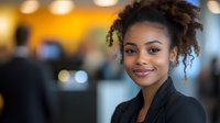Young African American businesswoman smiling confidently in modern office environment with warm lighting and blurred background for corporate presentations.