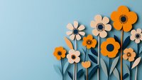 Paper cut flowers in orange and beige tones with green stems arranged on light blue background, creating modern minimalist floral composition for greeting cards.