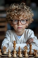 Young child with curly blonde hair and glasses concentrating on chess game, wearing white sweater. Chess pieces arranged on wooden board create engaging educational scene.
