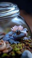 Small gecko with golden eyes sits among moss and pink succulent flowers inside glass terrarium creating miniature garden ecosystem for reptile care.