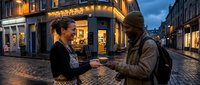 Homeless man receiving food or money from compassionate woman on urban street at dusk, charity and social support concept for community aid campaigns.