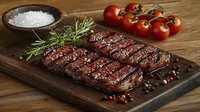Grilled beef steak with grill marks on wooden board, fresh rosemary sprigs, sea salt, cherry tomatoes and scattered peppercorns, rustic food styling.