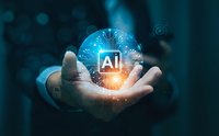 Businessman holding glowing AI artificial intelligence hologram with circuit patterns and digital network connections in palm of hand.