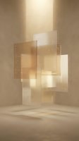 Layered translucent glass panels with warm golden light creating abstract geometric composition in minimalist interior space for modern design projects.