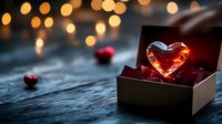 Glowing heart crystal in gift box with romantic bokeh lights and red decorative hearts on dark textured surface, magical Valentine's day composition.