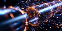 Futuristic glowing tunnel with light streaks and bokeh effects in blue and orange colors, abstract technology background for digital communications concept.