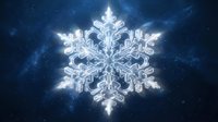 Glowing white snowflake with intricate crystalline structure against deep blue starry night sky background for winter holiday decorations and seasonal designs.