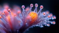 Macro photography of morning dew drops on pink flower petals creating crystalline formations with orange glow in background, showing nature's delicate water patterns.