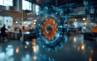 Futuristic gear mechanism with glowing blue holographic interface and orange core floating in modern office space, representing digital transformation and automation.
