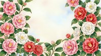 Watercolor camellia flowers frame with pink, red and white blooms on soft pastel background, copy space for text or design.