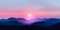 Tranquil mountain landscape at sunrise with layered peaks silhouetted against pink and purple sky, creating atmospheric depth and peaceful natural scenery.