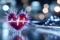 Glowing heart with heartbeat waveform and particle effects on blurred medical background. Suitable for healthcare, cardiology, medical technology, and wellness applications.
