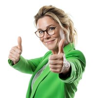 Confident blonde woman in bright green blazer showing thumbs up gesture on white background, expressing approval and positivity.