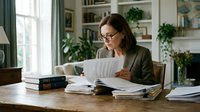 Professional businesswoman with glasses reviewing documents at wooden desk in bright home office with plants and bookshelves for remote work concepts.