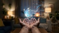 Hands releasing glowing butterfly with magical light particles in cozy living room setting symbolizing transformation and spiritual growth.
