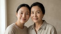 Asian mother and adult daughter embracing warmly in soft natural light, showing intergenerational bond and family love in minimalist home setting.