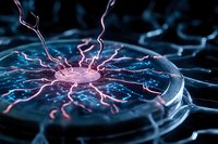 Pink electric plasma discharge on dark background with lightning bolts radiating from center point, creating dramatic scientific atmosphere for technology concepts.