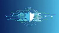 Digital cybersecurity shield with circuit board patterns and glowing elements on blue gradient background for technology and data protection concepts.