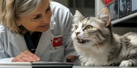 Mature female veterinarian in white coat examining long-haired cat during checkup at veterinary clinic. Professional pet healthcare and animal medical examination.