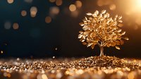 Magical golden tree growing from glittering soil against blurred bokeh background in warm sunset light, symbolizing growth, prosperity and success in business.