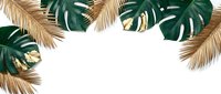 Tropical frame with golden palm fronds and green monstera leaves on white background for summer design projects and botanical decorations.