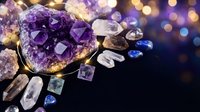 Amethyst geode and healing crystals glowing with bokeh lights on dark background, spiritual wellness and meditation concept.