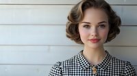 Young woman with retro 1950s hairstyle and makeup wearing black and white gingham check collar dress poses against white wooden wall background.