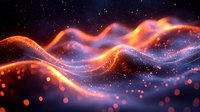 Glowing orange and blue waves of light with sparkles flow through starry space creating magical ethereal atmosphere. Abstract cosmic background for design projects.