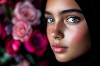 Close up portrait of young Middle Eastern woman with bright blue eyes and natural makeup against pink roses background, soft lighting creates romantic mood.