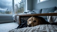 Scared golden retriever hiding under coffee table during storm, lying on carpet in modern living room with rainy window view.