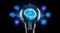 Glowing light bulb with blue brain inside surrounded by scientific icons on dark background representing innovation and artificial intelligence concepts.