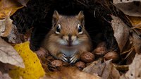 Adorable chipmunk emerging from cozy burrow surrounded by autumn leaves and scattered nuts, showcasing natural wildlife behavior in forest habitat.
