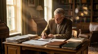 Senior man with gray hair and glasses wearing brown blazer writing at wooden desk with papers and books in warm-lit home office study room.
