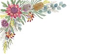Watercolor floral corner border with dahlia flowers, eucalyptus leaves and botanical elements on white background for wedding invitations and greeting cards.
