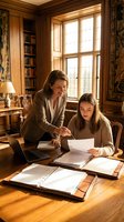 Professional businesswoman mentor coaching young female colleague in elegant wood-paneled office library with documents and laptop for corporate training.