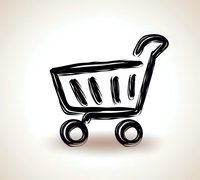 Simple black brush stroke shopping cart icon on white background with soft vignette edges, minimalist design for e-commerce and retail applications.
