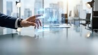 Businessman hand touching digital holographic chart with financial data and city skyline, representing stock market analysis and investment strategy for corporate business growth.