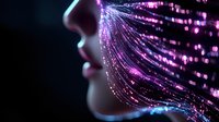 Futuristic woman profile with glowing purple fiber optic hair streams, digital technology concept for AI, cyberpunk and sci-fi designs.