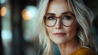 Professional blonde businesswoman wearing stylish eyeglasses in modern office environment with warm bokeh lighting for corporate presentations.